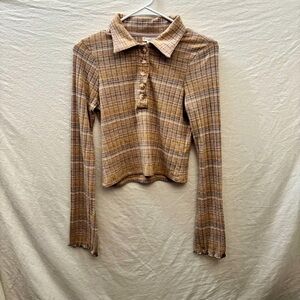 Billabong Brown Tan Plaid Let It Be Button Down Long Sleeve Shirt Small (Medium)